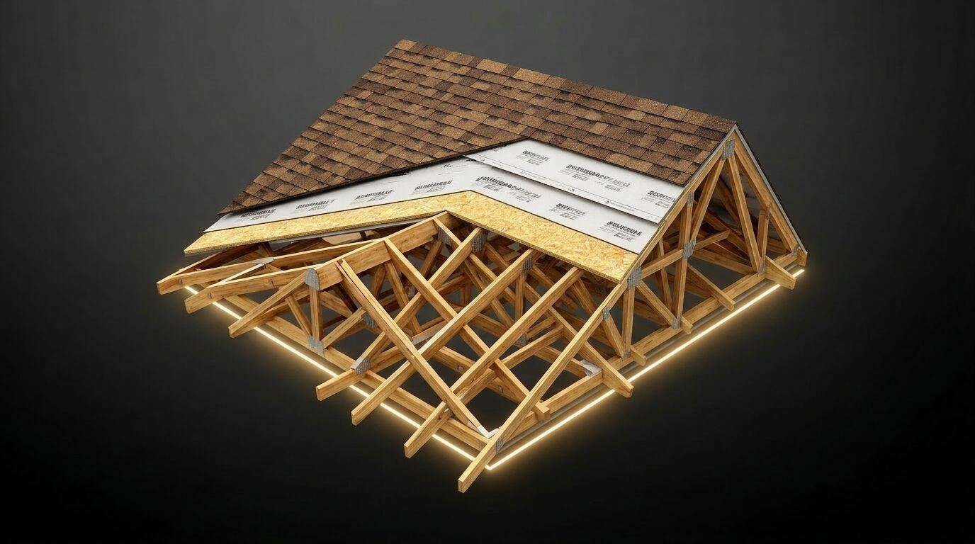 Cross-section diagram of a complete ARX roofing system — shingles, underlayment, decking, and trusses